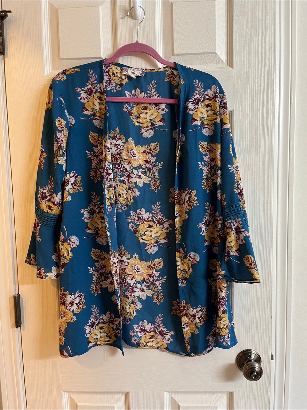 Pink Rose Teal Floral Open Kimono Cardigan with Mustard Blooms